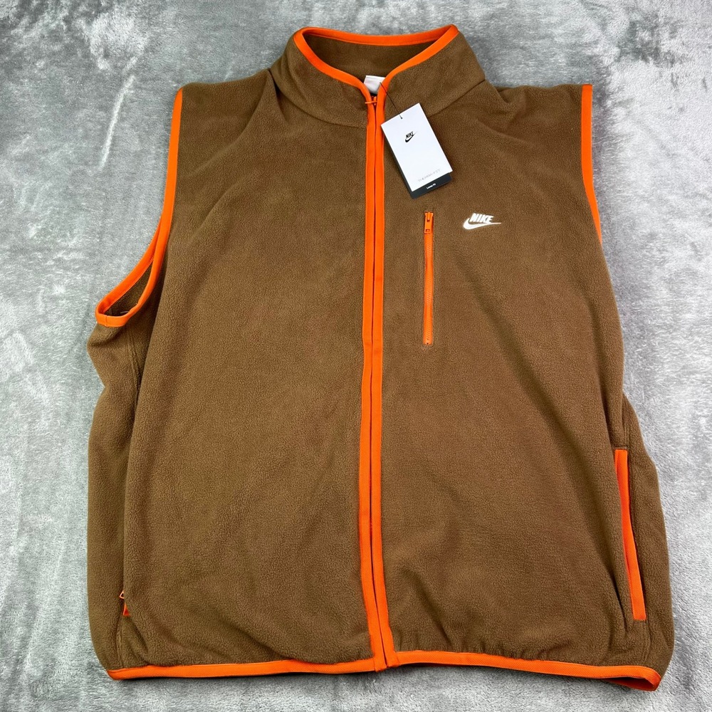 Nike Therma-FIT Fleece Vest Mens 2XL Brown Orange Loose Fit Full Zip Sleeveless